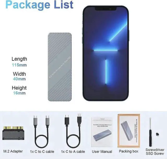 Alt view image 2 of 7 - WISDUM USB C 3.2 MacBook SSD Enclosure for 12+16 PIN MacBook Air/Pro SSD, Aluminum M.2 NVMe MacBook Pro SSD Enclosure Adapter Support MacBook Pro,MacBook Air, Mac Pro, iMac from 2013 to 2017