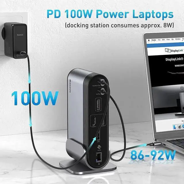 Alt view image 2 of 7 - Baseus Docking Station, 16-in-1 USB C Hub to Display on 4 Monitors, 2 HMDI, 2 DP, 2 USB-C Ports, 3 USB3.0 Ports, 1000Mbps LAN Port, MicroSD/TF Card Reader, Compatible with Windows and MacOS Laptops