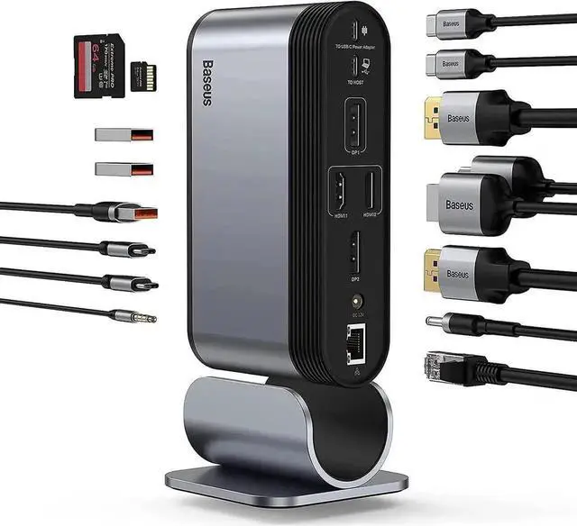 Main image of Baseus Docking Station, 16-in-1 USB C Hub to Display on 4 Monitors, 2 HMDI, 2 DP, 2 USB-C Ports, 3 USB3.0 Ports, 1000Mbps LAN Port, MicroSD/TF Card Reader, Compatible with Windows and MacOS Laptops