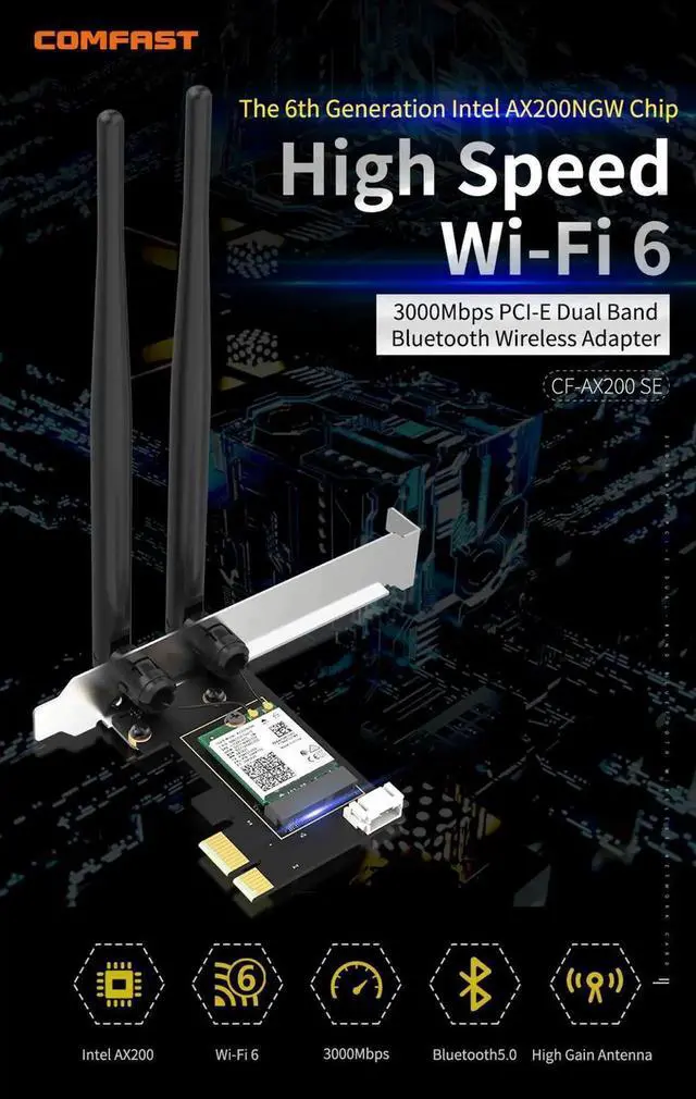 Alt view image 2 of 5 - WISDUM 3000Mbps Dual Band Wireless Desktop PCIe For AX200 Pro Card 802.11ax 2.4G/5Ghz Bluetooth 5.0 PCI Express WiFi 6 Adapter