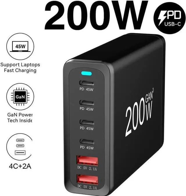 Main image of WISDUM GaN 200W 6-Port USB-C USB-A Charger QC3.0 PD3.0 Type C Fast Charging Mobile Phone Charging Station for Various Brands of Mobile Phones Tablet PC