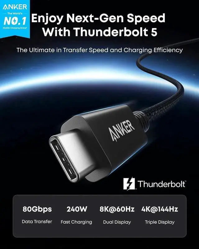 Alt view image 2 of 7 - WISDUM Prime Thunderbolt 5 Cable, 3.3 FT USB C to USB C Cable, 240W Charging, 80Gbps Data Transfer, Up to 120Gbps Bandwidth, 8K/4K Displays, for iPhone 16, MacBook, and More (Thunderbolt 5-Certified)