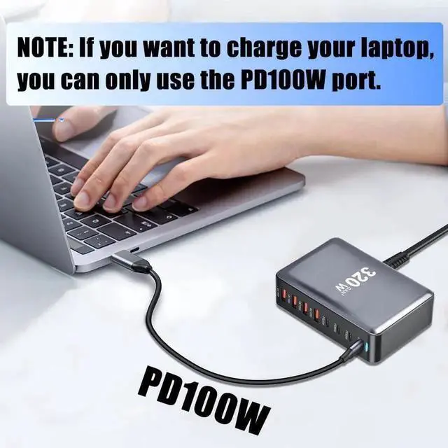 Alt view image 3 of 7 - WISDUM 8-Port USB C Charger 320W QC3.1 PD3.1 GaN Charger Type C Adapter GaN Tech with Fast Desk Charger Compatible for iPhone, MacBook Pro, iPad Pro, Switch, Galaxy S22/S21