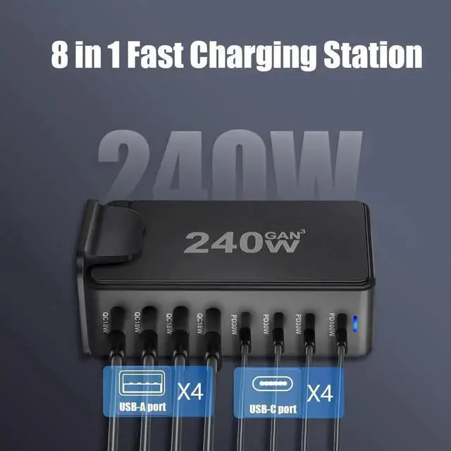 Alt view image 7 of 7 - WISDUM 240W GaN USB C Quick Charge QC3.0 PD 3.0 TypeC 8 Port Supercharge Plug For iPad iPhone Samsung Xiaomi Universal Fast Charger - Black