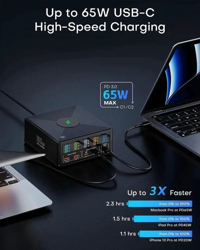 Alt view image 7 of 7 - WISDUM 160W Charging Station with Wireless Charging, 5-Port USB Charging Station, Desktop Laptop Charger Portable USB-C Power Adapter for iPhone iPad Tablets Smartphones, Home Office