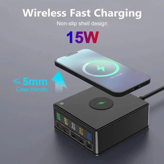 Alt view image 3 of 7 - WISDUM LCD Display Charging Station for Multiple Devices,160W 5 Port Charger Station with 3USB-C, 2USB-A, 15W Wireless Charging ,Compatible with Cellphone,Tablet, Kindle, iPhone iPad and More