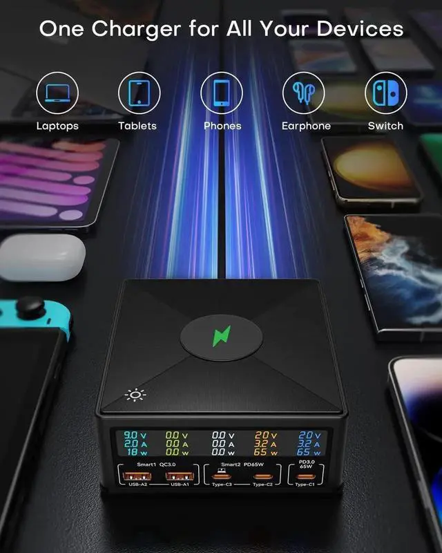 Alt view image 7 of 7 - WISDUM LCD Display Charging Station for Multiple Devices,160W 5 Port Charger Station with 3USB-C, 2USB-A, 15W Wireless Charging ,Compatible with Cellphone,Tablet, Kindle, iPhone iPad and More