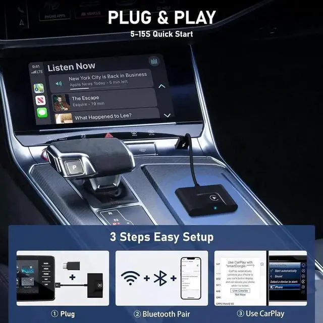 Alt view image 2 of 7 - CarPlay Wireless Adapter for Factory Wired CarPlay 2024 Upgrade Plug & Play Dongle Converts Wired to Wireless for Cars from 2015 & iPhone iOS 10+ Black