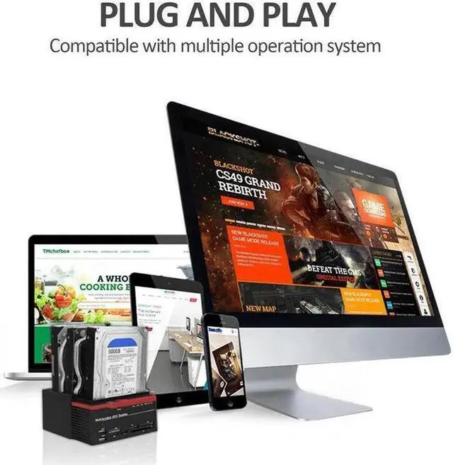 Alt view image 2 of 7 - HDD Docking Station IDE SATA Dual USB 3.0 Clone Hard Drive Card Reader 3-Bay