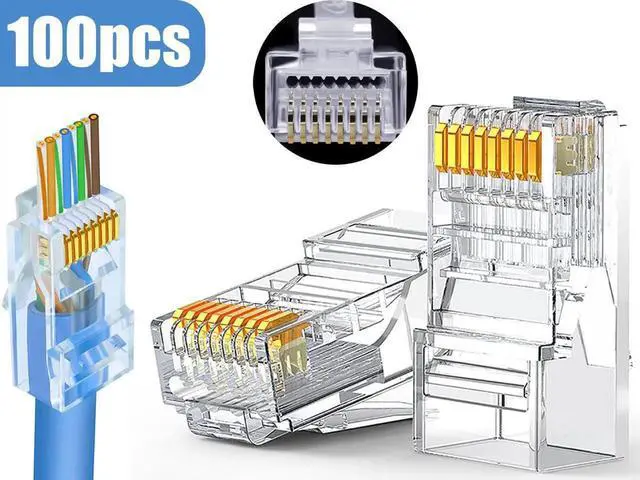 Main image of RJ45 Connector Cat6 Cat5 Terminals Gold Plated 8P8C Ethernet Pass Through Plug(100Pack)