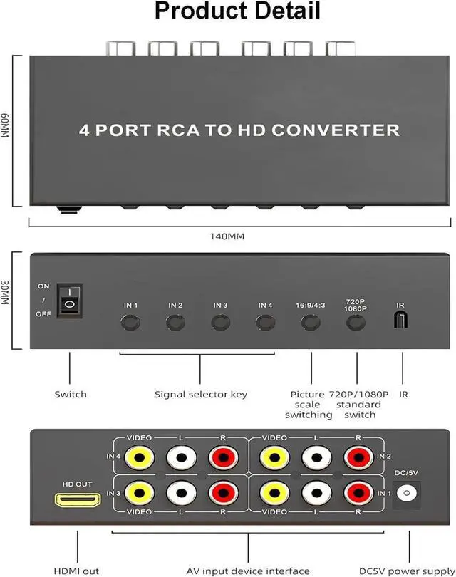 Alt view image 4 of 7 - 4 Port AV to HDMI Converter 1080P, Fit for RCA/Composite/CVBS to HDMI Converter Adapter, Support 16:9/4:3 Switch, Compatible with Wii N64 PS1 PS2 PS3 VHS VCR DVD Players etc (with Remote)