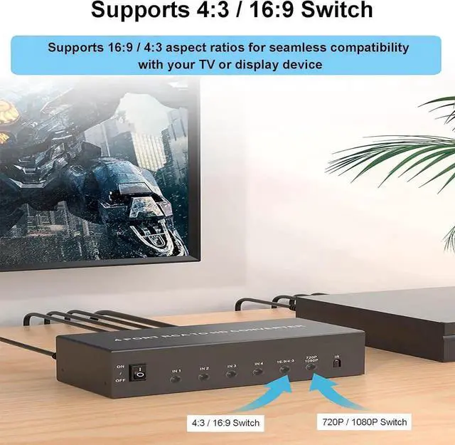 Alt view image 3 of 7 - 4 Port AV to HDMI Converter 1080P, Fit for RCA/Composite/CVBS to HDMI Converter Adapter, Support 16:9/4:3 Switch, Compatible with Wii N64 PS1 PS2 PS3 VHS VCR DVD Players etc (with Remote)