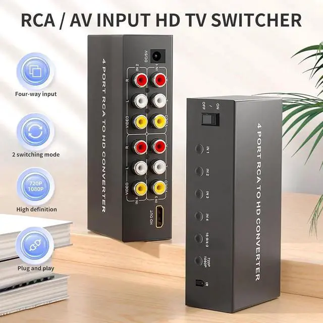 Alt view image 2 of 7 - 4 Port AV to HDMI Converter 1080P, Fit for RCA/Composite/CVBS to HDMI Converter Adapter, Support 16:9/4:3 Switch, Compatible with Wii N64 PS1 PS2 PS3 VHS VCR DVD Players etc (with Remote)