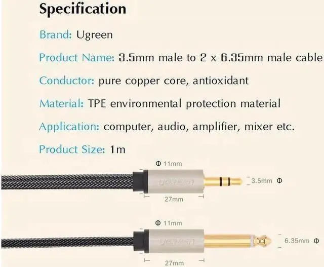 Alt view image 2 of 5 - 3.28ft/1m High quality 3.5mm to Dual 6.35mm audio Y golden cable ,3.5mm male to 2 x 6.35mm male cable