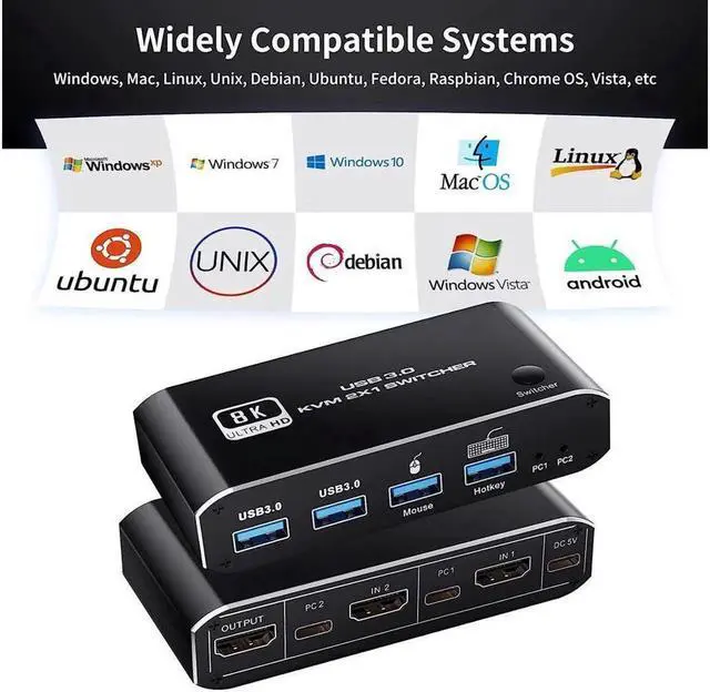 Alt view image 6 of 7 - USB HDMI 2.1 KVM Switch 4K 120Hz, 8K Dual-Port USB 3.0 HDMI 2.1 KVM Switch, USB-C HDMI KVM Switcher with Keyboard Shortcut Hotkey Switching HDCP 2.3 for Nvidia AMD Xbox Series X S PS5/4 pro