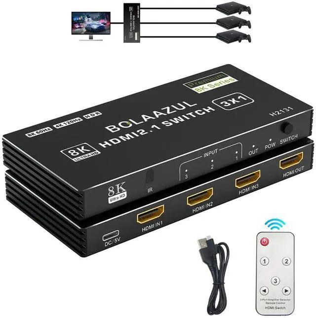 Main image of 4K HDMI 2.1 Switch 120Hz 3 in 1 Out, 8K@60Hz HDMI 2.1 Splitter Switcher Selector Box 3-Port with Remote 4K 120Hz 2K 144Hz, HDMI Port Expander 3x1 HDR, 48Gbps, CEC, for Xbox Series X PS5