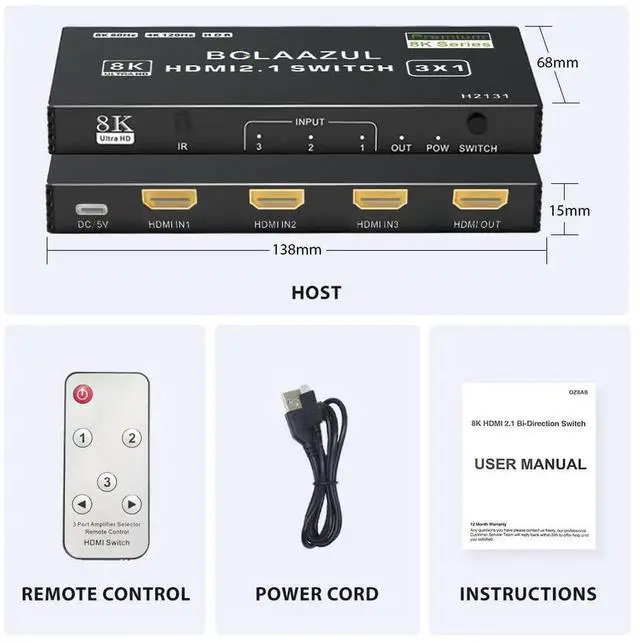 Alt view image 7 of 7 - 4K HDMI 2.1 Switch 120Hz 3 in 1 Out, 8K@60Hz HDMI 2.1 Splitter Switcher Selector Box 3-Port with Remote 4K 120Hz 2K 144Hz, HDMI Port Expander 3x1 HDR, 48Gbps, CEC, for Xbox Series X PS5