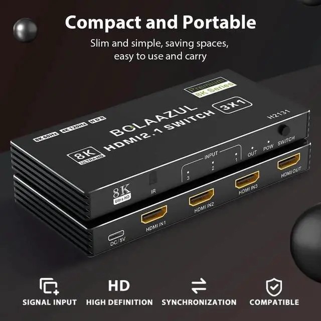 Alt view image 3 of 7 - 4K HDMI 2.1 Switch 120Hz 3 in 1 Out, 8K@60Hz HDMI 2.1 Splitter Switcher Selector Box 3-Port with Remote 4K 120Hz 2K 144Hz, HDMI Port Expander 3x1 HDR, 48Gbps, CEC, for Xbox Series X PS5