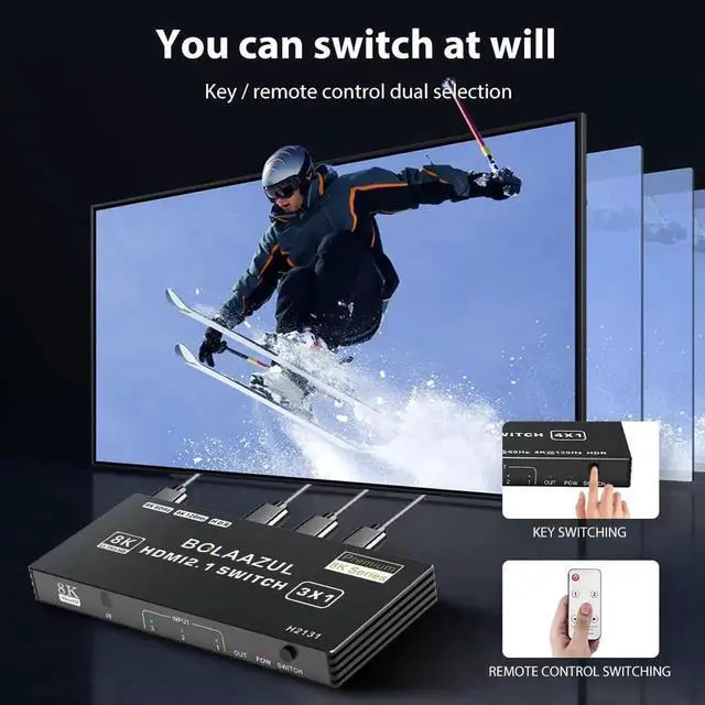 Alt view image 5 of 7 - 4K HDMI 2.1 Switch 120Hz 3 in 1 Out, 8K@60Hz HDMI 2.1 Splitter Switcher Selector Box 3-Port with Remote 4K 120Hz 2K 144Hz, HDMI Port Expander 3x1 HDR, 48Gbps, CEC, for Xbox Series X PS5