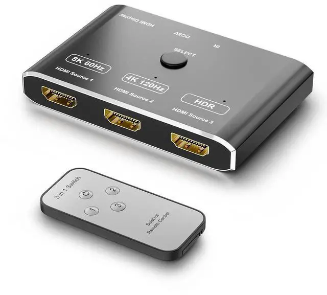 Alt view image 2 of 7 - 3 Port HDMI 2.1 HDR 3In 1Out 8K Switcher with Remote Control Directional 8K@60Hz 4K@120Hz HDR 48Gbps 3D HDMI Video Converter Compatible with PS5 Xbox x HDMI TVs Monitors