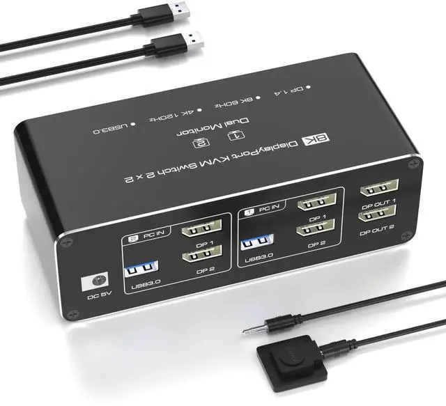 Main image of KVM Switch 2 Monitors 2 Computers DisplayPort 8K @60Hz, USB 3.0 KVM Switches for 2 Computers Share Dual Monitor and 4 USB Devices, DisplayPort KVM with Wired Controller Support Extend/Copy Mode