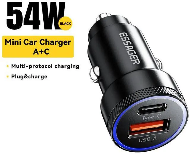 Main image of Essager 54W USB-C + USB-A Car Charger, PD36W & QC3.0 Fast Charging, Dual Port 12-24V Car Adapter with LED Ambient Light