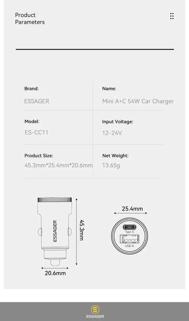 Alt view image 7 of 7 - Essager 54W USB-C + USB-A Car Charger, PD36W & QC3.0 Fast Charging, Dual Port 12-24V Car Adapter with LED Ambient Light