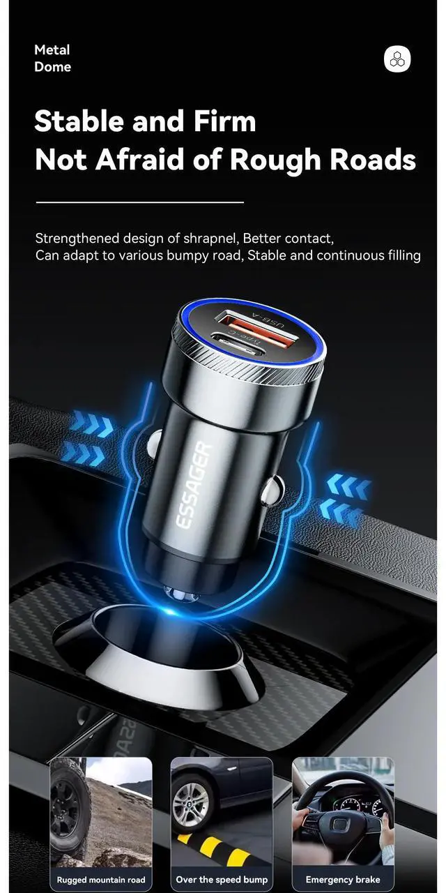 Alt view image 4 of 7 - Essager 54W USB-C + USB-A Car Charger, PD36W & QC3.0 Fast Charging, Dual Port 12-24V Car Adapter with LED Ambient Light