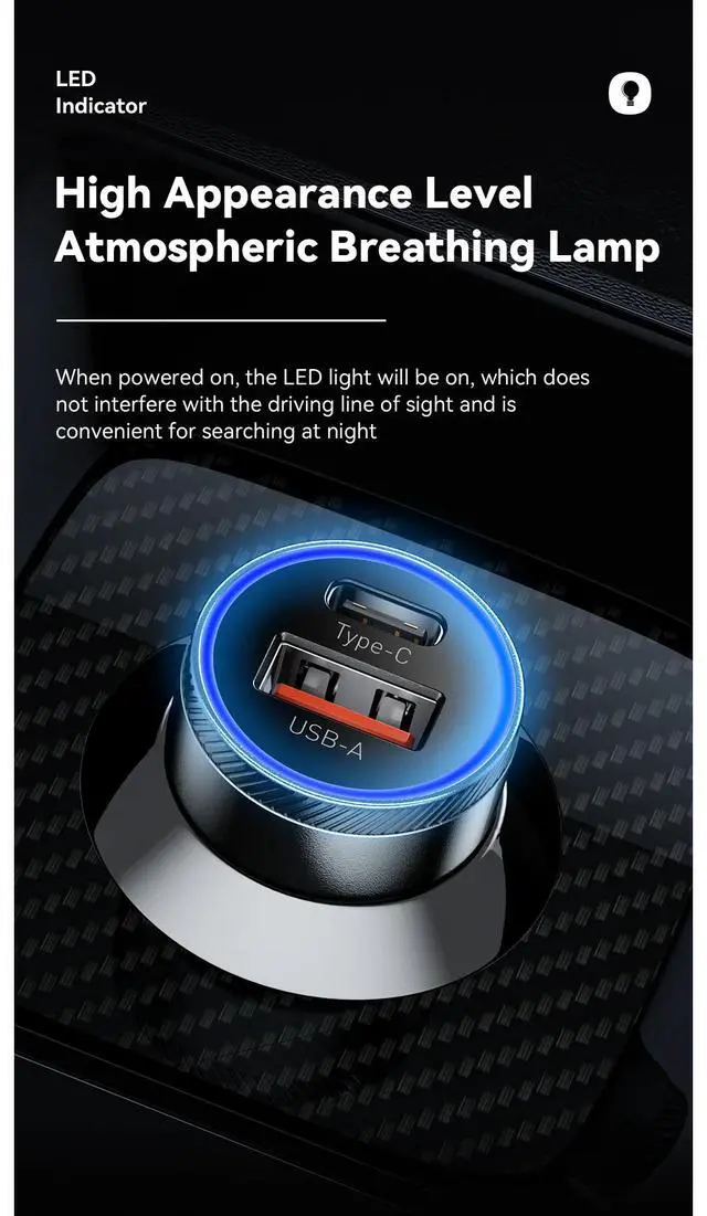 Alt view image 3 of 7 - Essager 54W USB-C + USB-A Car Charger, PD36W & QC3.0 Fast Charging, Dual Port 12-24V Car Adapter with LED Ambient Light