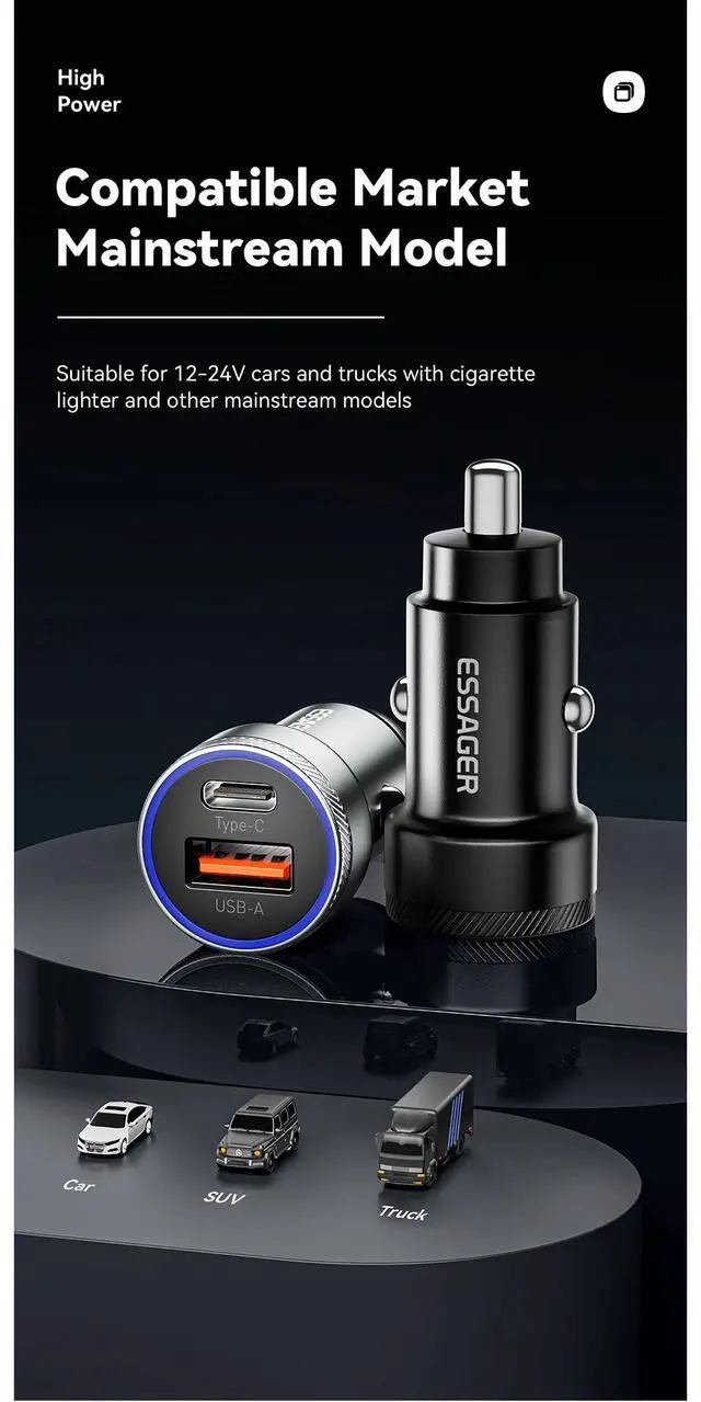 Alt view image 5 of 7 - Essager 54W USB-C + USB-A Car Charger, PD36W & QC3.0 Fast Charging, Dual Port 12-24V Car Adapter with LED Ambient Light