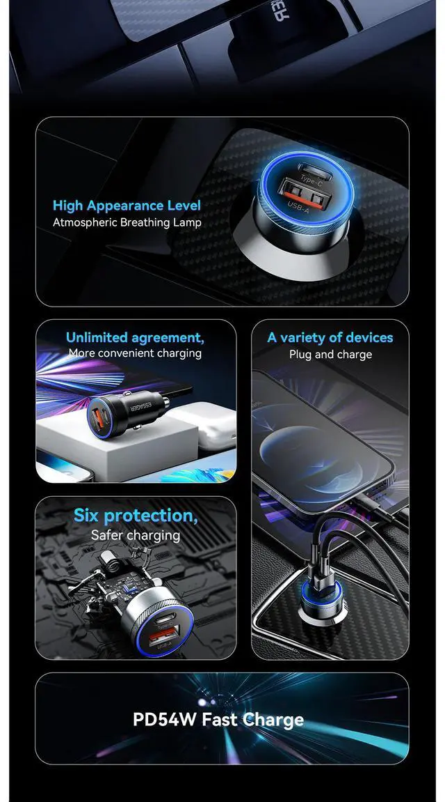 Alt view image 2 of 7 - Essager 54W USB-C + USB-A Car Charger, PD36W & QC3.0 Fast Charging, Dual Port 12-24V Car Adapter with LED Ambient Light