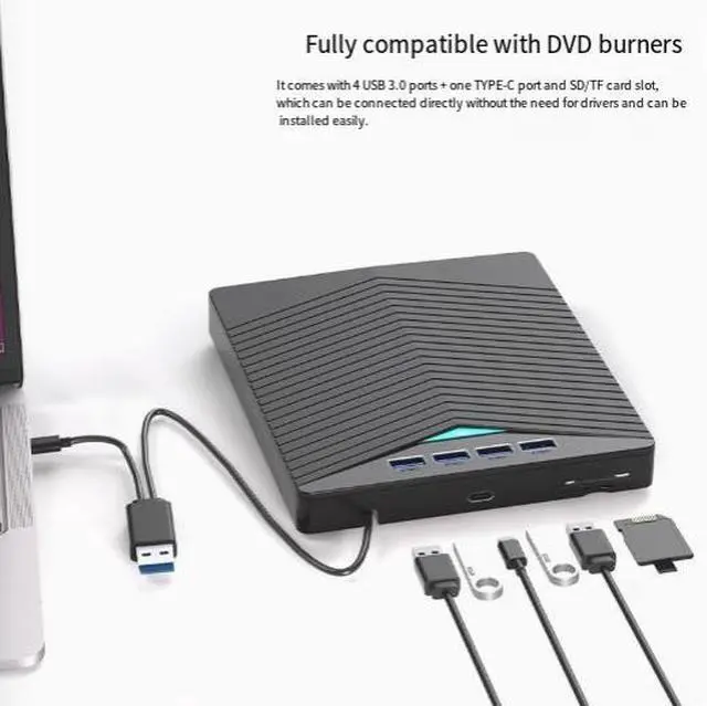 Alt view image 4 of 5 - Multi-Function External USB 3.0 DVD Drive Portable CD/DVD Burner for Laptop/Desktop, with USB 3.0 + Type-C + SD/TF Card Slots, Plug-and-Play