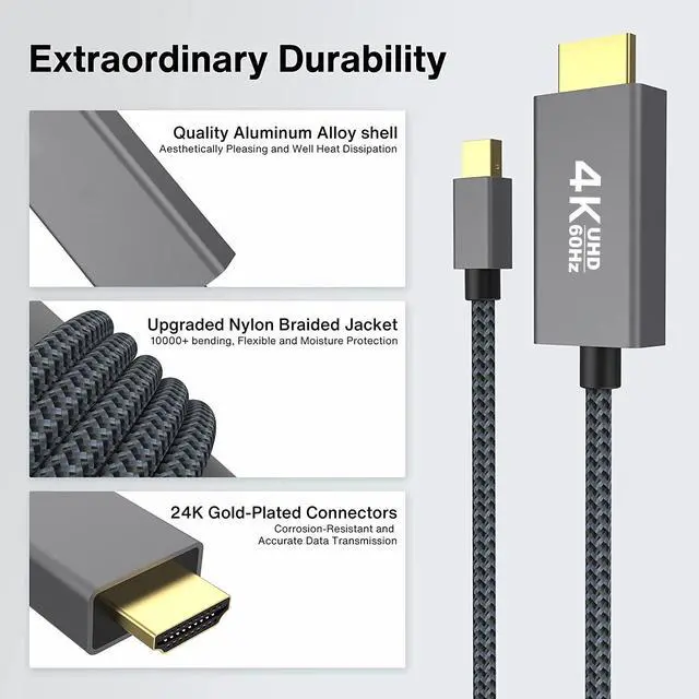 Alt view image 4 of 4 - Mini DP to HDMI Cable 4K@60Hz Mini DisplayPort to HDMI Adapter Cord for Laptop/Desktop/Monitor, High-Definition Video Converter Cable