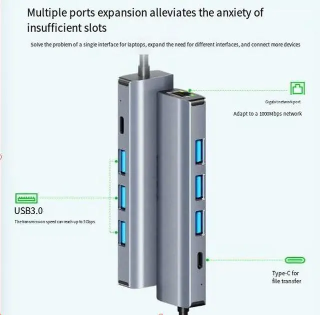 Alt view image 2 of 4 - Type-C Hub with Gigabit Ethernet USB 3.0 Expansion Dock for Laptop, Multi-Port Adapter with USB 3.0 Ports, Hub Splitter for MacBook/PC