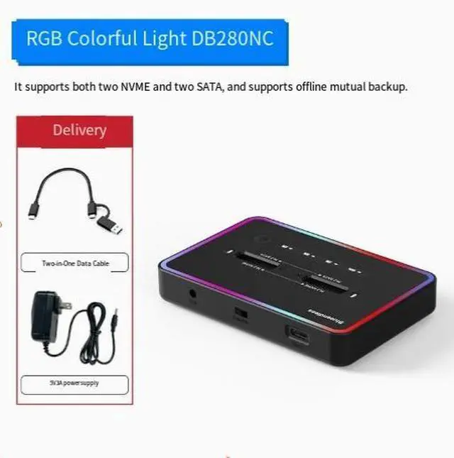 Main image of Dual-Bay M.2 SSD Docking Station NVMe/SATA Dual Protocol 20Gbps External Enclosure, Offline Clone Function, RGB Lighting, Tool-Free for 2230/2242/2260/2280/22110 SSDs, USB-C 3.2 Gen2