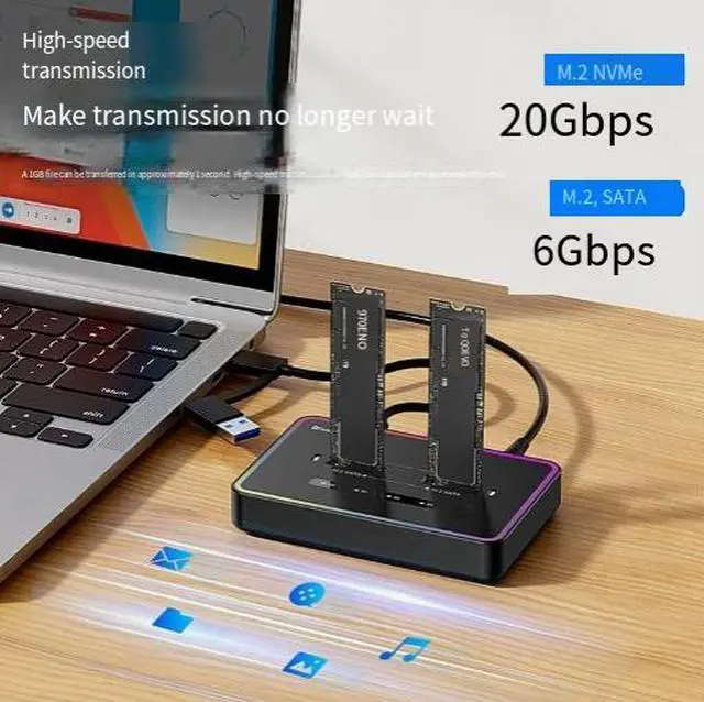 Alt view image 3 of 4 - Dual-Bay M.2 SSD Docking Station NVMe/SATA Dual Protocol 20Gbps External Enclosure, Offline Clone Function, RGB Lighting, Tool-Free for 2230/2242/2260/2280/22110 SSDs, USB-C 3.2 Gen2