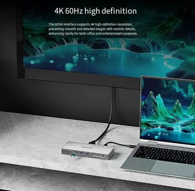 Alt view image 3 of 5 - 14-in-1 USB-C Docking Station 4K@60Hz HDMI, Gigabit Ethernet, USB 3.2 10Gbps Hub, SD/TF Card Reader, 100W PD Charging, Multi-Port Adapter for Laptop/Desktop/MacBook