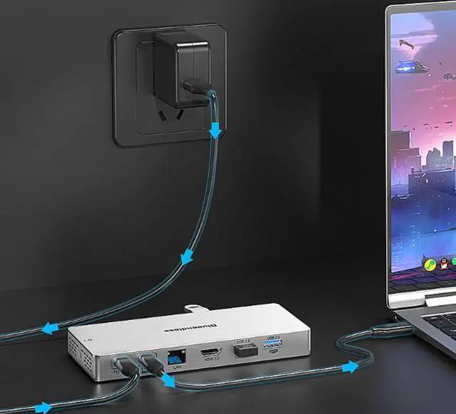 Alt view image 4 of 5 - 14-in-1 USB-C Docking Station 4K@60Hz HDMI, Gigabit Ethernet, USB 3.2 10Gbps Hub, SD/TF Card Reader, 100W PD Charging, Multi-Port Adapter for Laptop/Desktop/MacBook