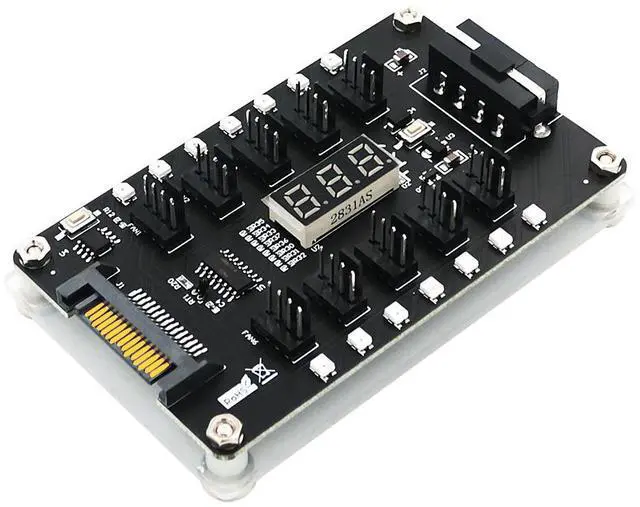 Main image of 10-Port PWM Fan Hub Dual SATA 4-Pin Power Input, LED Temperature Display, Magnetic Mounting, Supports 12V 3-Pin & 4-Pin Fans, for PC Case Cooling