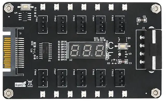 Alt view image 4 of 5 - 10-Port PWM Fan Hub Dual SATA 4-Pin Power Input, LED Temperature Display, Magnetic Mounting, Supports 12V 3-Pin & 4-Pin Fans, for PC Case Cooling