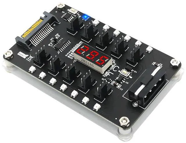 Alt view image 2 of 5 - 10-Port PWM Fan Hub Dual SATA 4-Pin Power Input, LED Temperature Display, Magnetic Mounting, Supports 12V 3-Pin & 4-Pin Fans, for PC Case Cooling