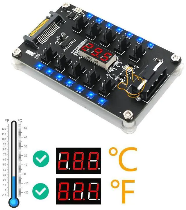 Alt view image 3 of 5 - 10-Port PWM Fan Hub Dual SATA 4-Pin Power Input, LED Temperature Display, Magnetic Mounting, Supports 12V 3-Pin & 4-Pin Fans, for PC Case Cooling