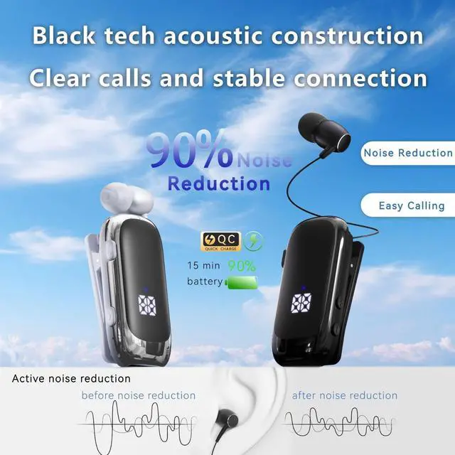 Alt view image 3 of 5 - K88 Retractable Reel Clip-On Bluetooth Headset Business & Sports, 20H Playtime, 5.4V, LED Display, Vibration Alert black