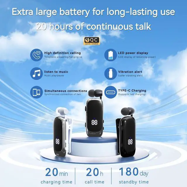 Alt view image 4 of 5 - K88 Retractable Reel Clip-On Bluetooth Headset Business & Sports, 20H Playtime, 5.4V, LED Display, Vibration Alert black