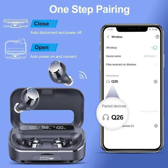 Alt view image 4 of 5 - Q26 In-Ear Smart Bluetooth Headset 128H Playtime, ENC Noise Cancelling, Hi-Fi Sound, Digital Battery Display, Emergency Charging Case