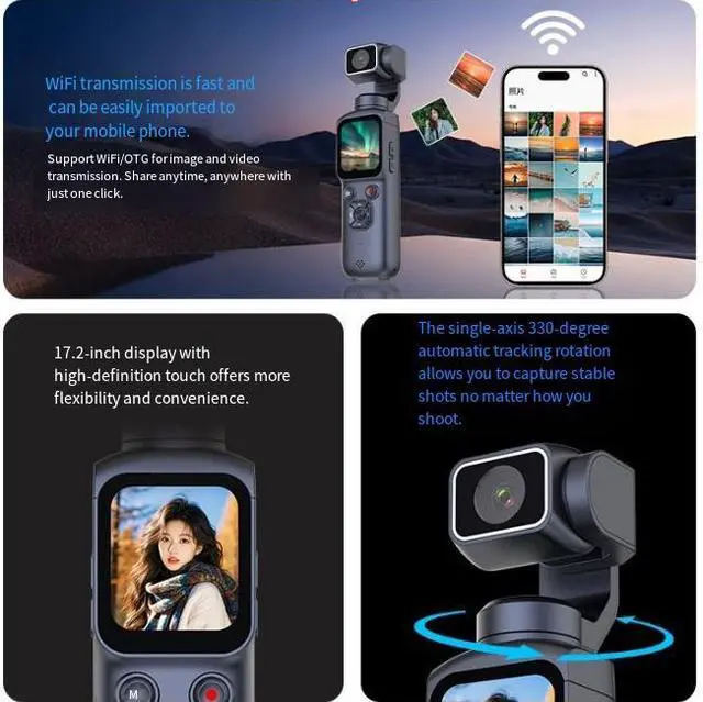 Alt view image 4 of 6 - Handheld Gimbal Camera 4K, Pocket Stabilizer, Travel Vlog Camera, WiFi, 1.72" Touch Screen, 64GB Card + USB Reader Included white