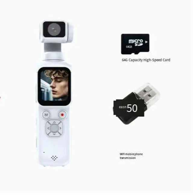 Alt view image 6 of 6 - Handheld Gimbal Camera 4K, Pocket Stabilizer, Travel Vlog Camera, WiFi, 1.72" Touch Screen, 64GB Card + USB Reader Included white