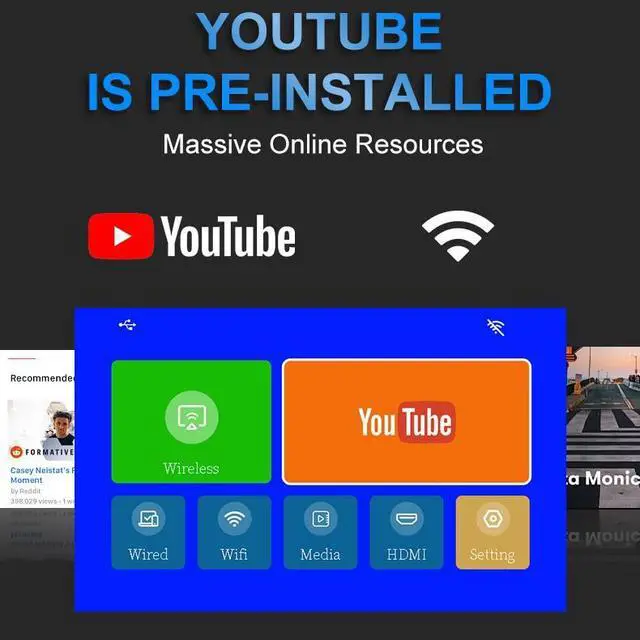 Alt view image 4 of 5 - M60 Wireless WiFi Portable Projector 720P, 110" Max, 20000H LED, Type-C Power Bank Compatible, Screen Mirroring