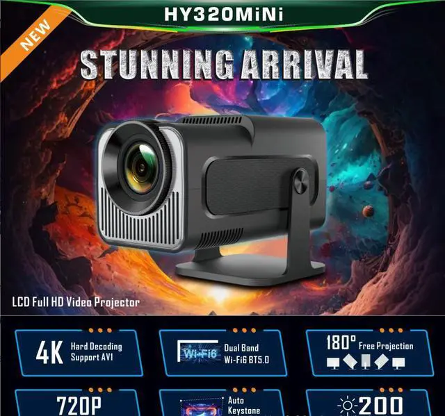 Alt view image 4 of 5 - HY320 MINI 4K Android Smart Projector Portable, Short Throw, 720P, 200 ANSI, WiFi6, Auto Keystone, Home Theater