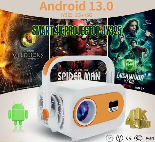 Alt view image 3 of 5 - Dual-Stand 4K Smart Mini Projector Android 13, 720P Native, 2+16GB, WiFi6, Electronic Focus, Portable Home/Office